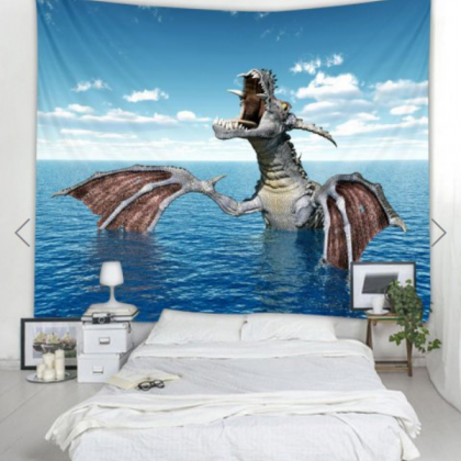 Fabric Wall Tapestry/throw Dragon And Sea 79 X 71..
