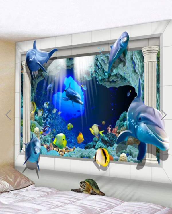 Image showcasing Fabric Wall Tapestry/throw 3d Dolphins 59 X 51 Inches on Luulla