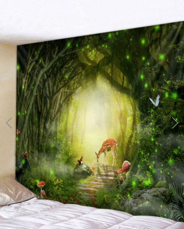Fabric Wall Tapestry/throw Forest Path Deer And Butterflies 59 X 51 Inches